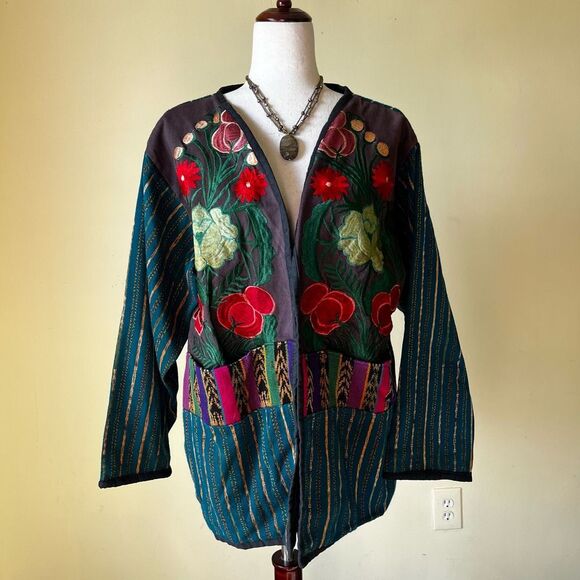 Vintage Boho Floral Embroidered Jacket Open Front Patchwork Tapestry Coat OS - Picture 1 of 13